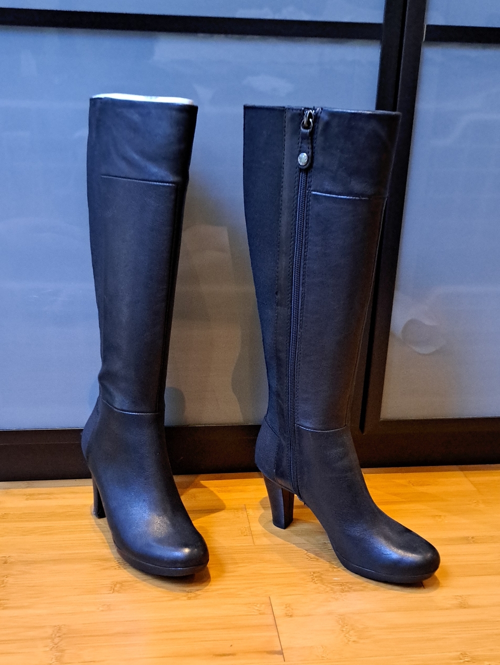 Geox Black Knee-High Leather Zip Heel Boots